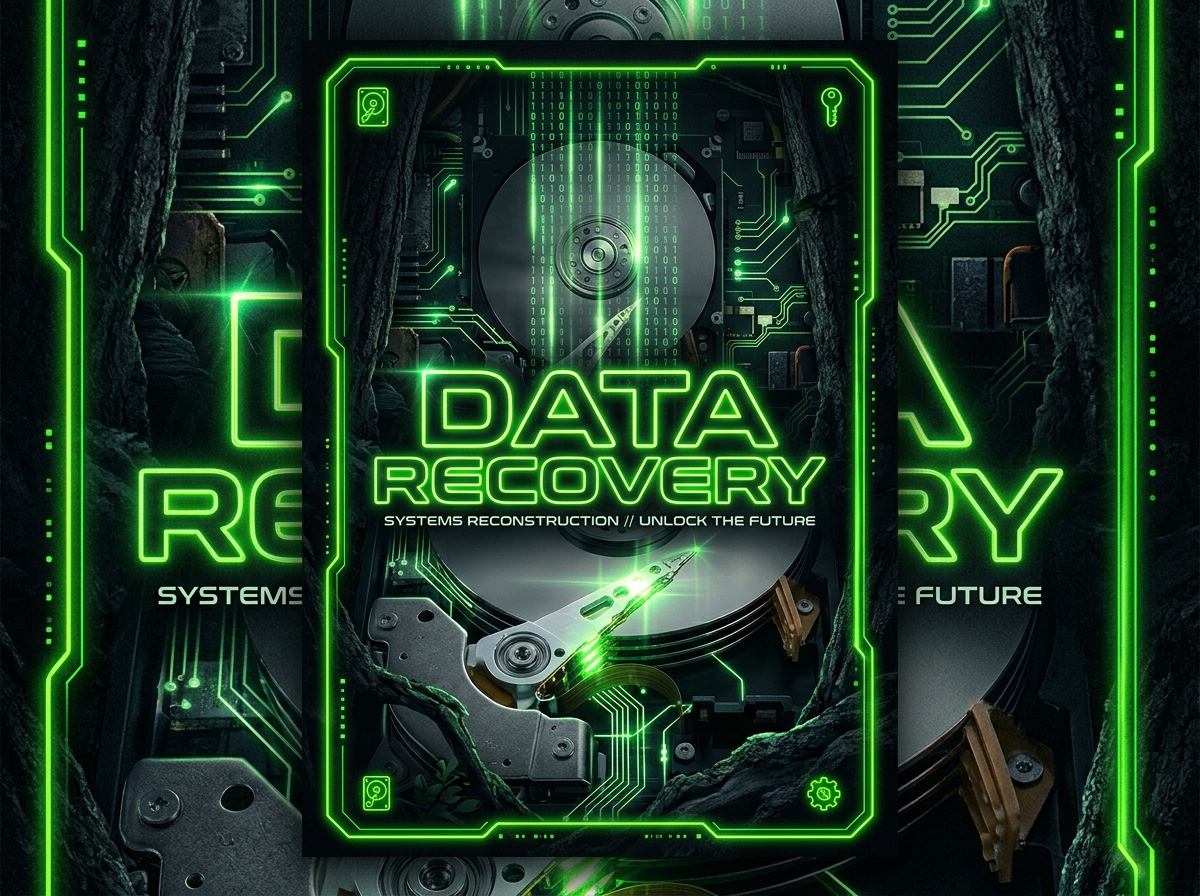 Glowing hard drive disk platter and data streams illustrating advanced data recovery