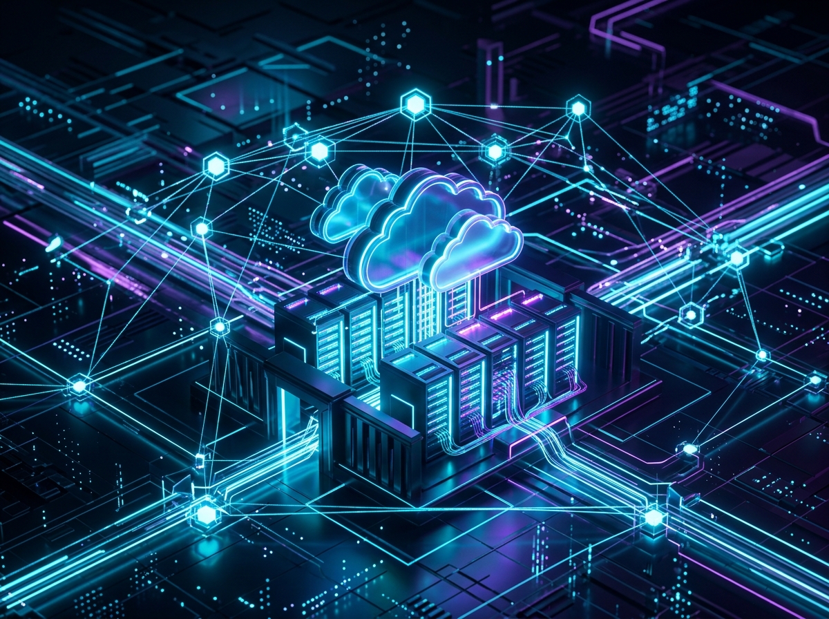High-tech IT consultancy illustration representing cloud and server networking systems