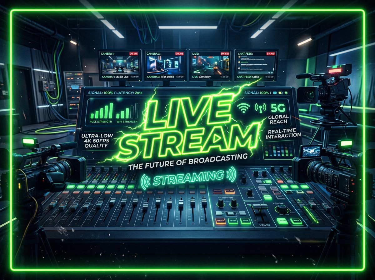Digital broadcast console panel and screens illustrating live streaming setups