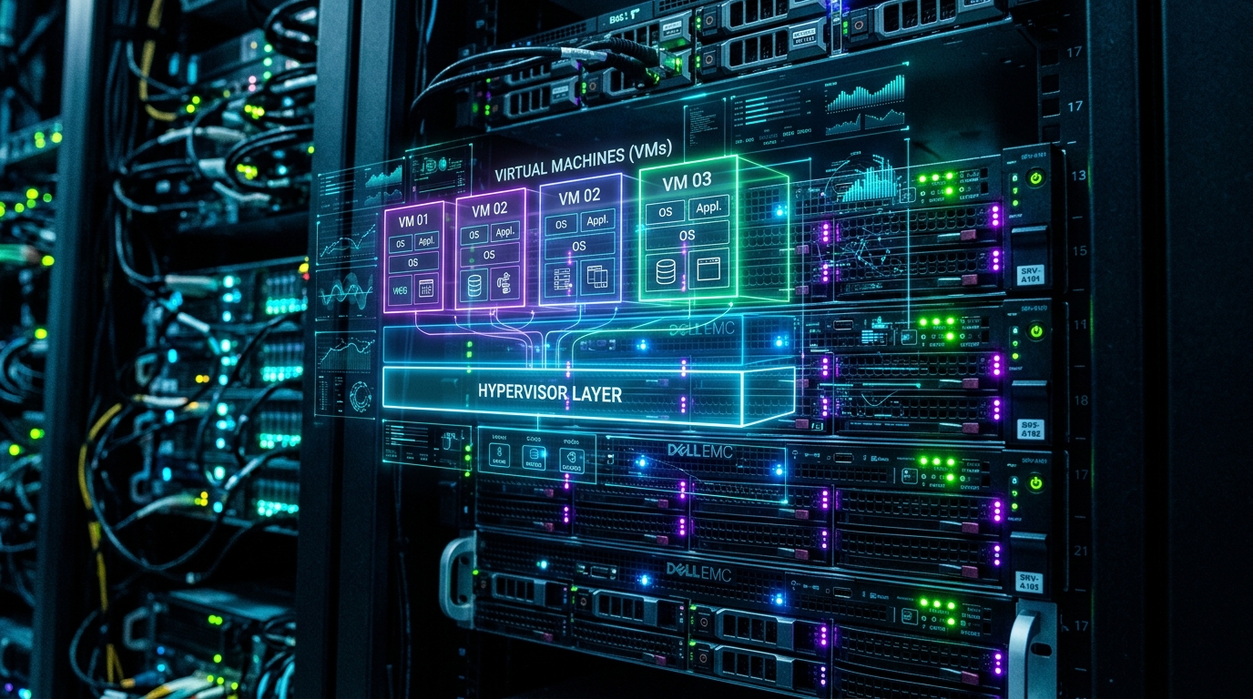 Glowing datacenter server rack illustrating virtualization layer deployment