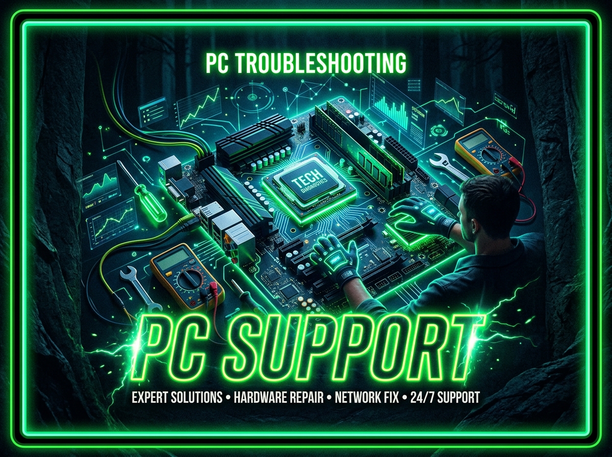 Futuristic diagnostic dashboard illustrating computer desktop/laptop hardware troubleshooting
